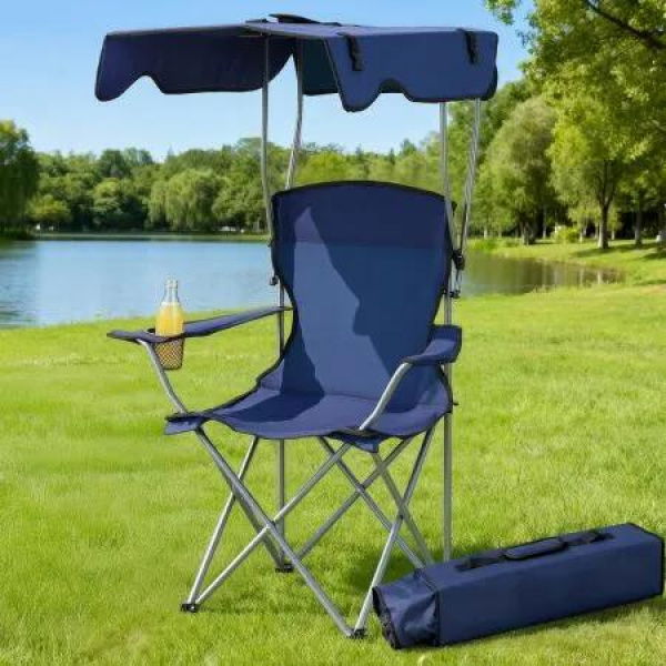 Weisshorn Camping Chair With Canopy Folding Outdoor Portable Seat Lightweight Beach Picnic Fishing Capacity 120KG Navy Blue