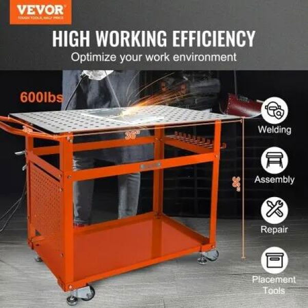 Welding Table 36'' x 24'' 600lbs Load Capacity Steel Welding Workbench Table on Wheels Portable Work Bench with Double-layer Storage Board