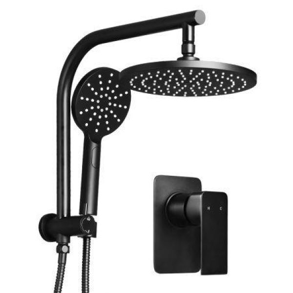 WELS Round 9 Inch Rain Shower Head And Mixer Set Bathroom Handheld Spray Bracket Rail Mat Black