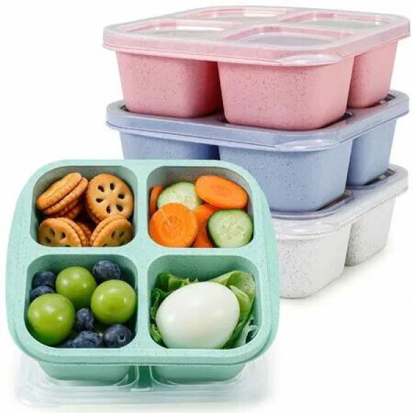 Wheat Straw Lunchable Snack Containers,4 Compartment Bento Snack Boxes,Reusable Food Storage Containers for Snacks & Small Meal,4 Pack (Multicolor & Clear Lids)