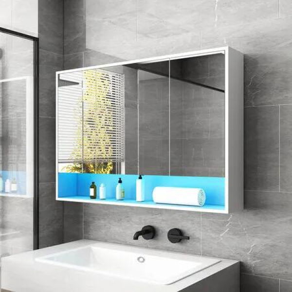 White Bathroom Mirror Cabinet Medicine Shaver Shaving Wall Storage Cupboard Organiser Shelves Furniture with LED Lights Doors 90x13x75cm