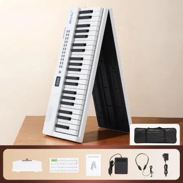 White Digital Piano Keyboard Folding 88 Key Electronic Bluetooth MIDI Portable Electric Instrument 1000 Rhythm 200 Demo Song Headphones Sustain Pedal