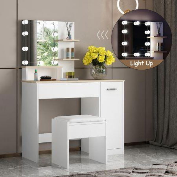 White Dressing Table Dresser Makeup Vanity Table Stool Set With Mirror & LED Lights.