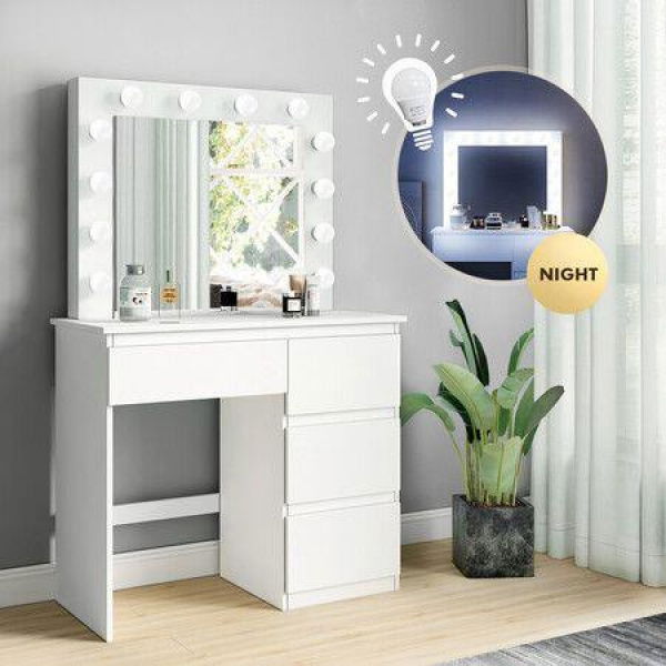 White Dressing Table Dresser Vanity Makeup Table With 12 LED Lighted Mirror And Four Drawers