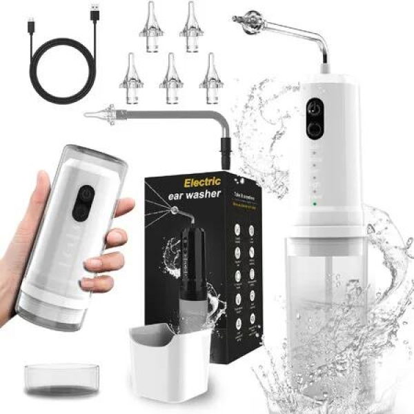 White Electric Ear Cleaner Rechargeable Portable Earwax Cleaner 250 Uses Large Battery 10Sec Water Tank Dual Use