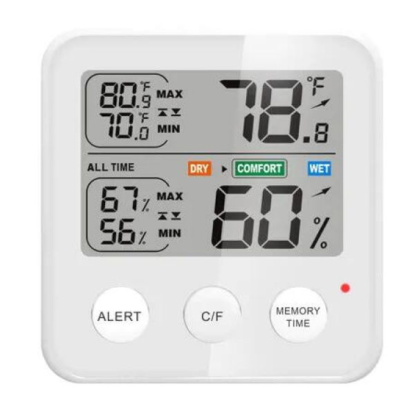 White Magnetic High Precision Temperature & Humidity Meter Same-Screen Display Memory Function Sound & Light Alarm