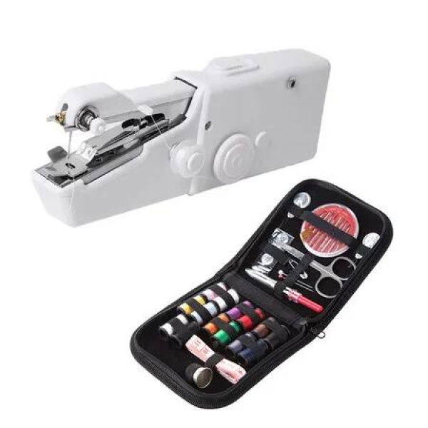 White Mini Handheld Electric Sewing Machine Set Deluxe Bag Includes Most Of The Sewing Accessories