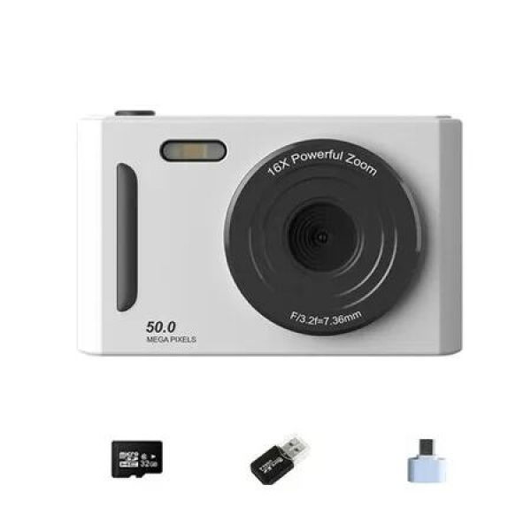 White Student Digital Camera HD DualLens 50MP 8x Zoom Beauty Filter FrontBack Cameras 32G Memory Card