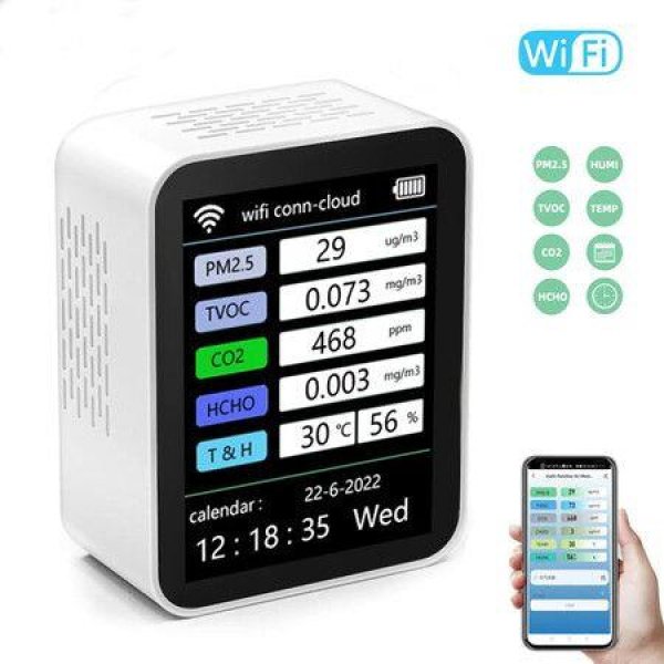 WiFi 7 in 1 Smart Air Quality Monitor CO2 Meter TVOC HCHO PM2.5 Tester Digital CO2 Sensor Formaldehyde Gas Detector Tuya APP Color Black