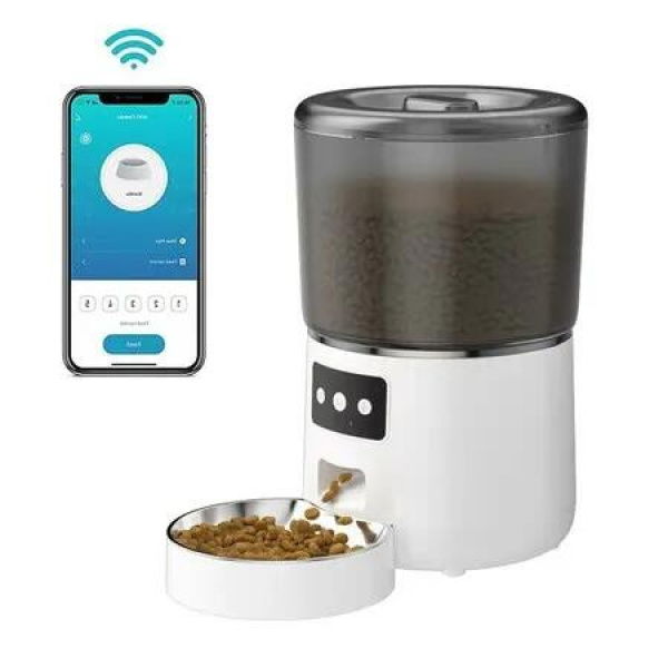 WiFi Automatic Cat Feeder Dispenser with APP Control and Smart Timing, Stainless Steel Bowl (White)