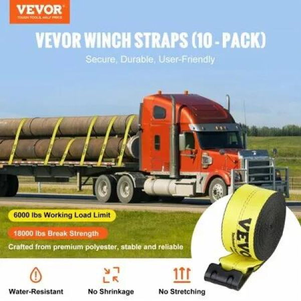 Winch Straps, 10.2 cm x 12.2 m, 2.7T Load Capacity, 8.2T Break Strength, Truck Straps with Flat Hook, Flatbed Tie Downs Cargo Control for Trailers, Farms, Rescues, Tree Saver, Yellow (10 Pack)