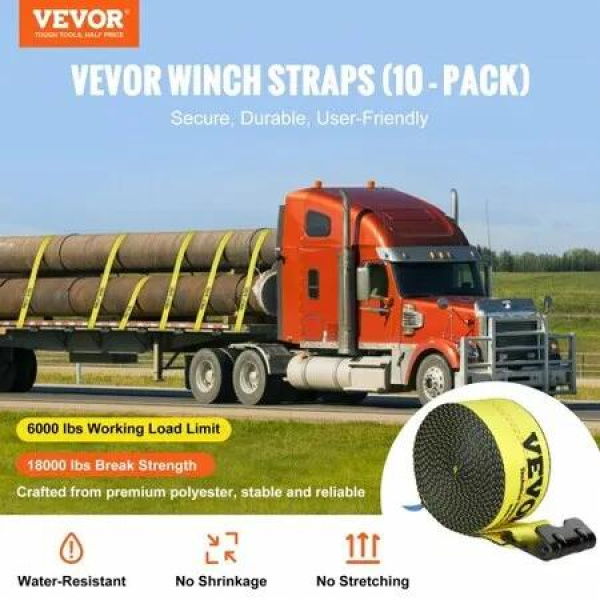 Winch Straps, 10.2 cm x 9.1 m, 2.7T Load Capacity, 8.2T Break Strength, Truck Straps with Flat Hook, Flatbed Tie Downs Cargo Control for Trailers, Farms, Rescues, Tree Saver, Yellow (10 Pack)