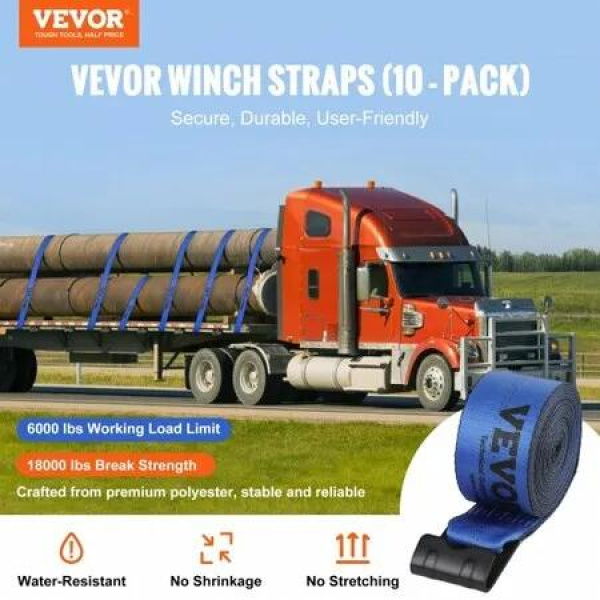 Winch Straps, 10.2 cm x 9.1 m, 2.7T Load Capacity, 8.2T Breaking Strength, Truck Straps with Flat Hook, Flatbed Tie Downs Cargo Control for Trailers, Farms, Rescues, Tree Saver, Blue (10 Pack)