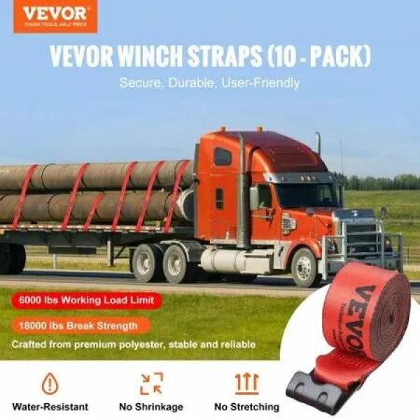 Winch Straps, 10.2 cm x 9.1 m, 2.7T Load Capacity, 8.2T Breaking Strength, Truck Straps with Flat Hook, Flatbed Tie Downs Cargo Control for Trailers, Farms, Rescues, Tree Saver, Red (10 Pack)