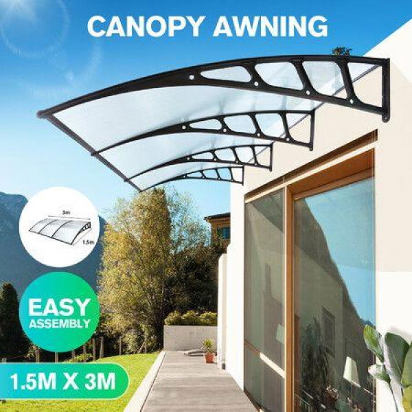 Window Awning Front Door Outdoor Patio Canopy Deck Balcony Porch House Cover Sun Shade Rain Snow UV Shield Clear Polycarbonate 1.5x3m.