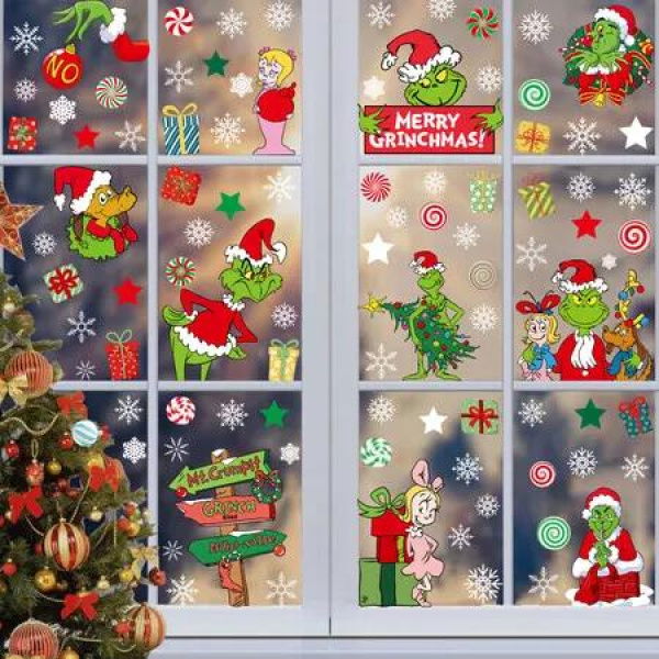 Window Clings Christmas Grinch 9 Sheets Glass Stickers Double Sided Decorations Home Festive Holiday Display Charm Gift