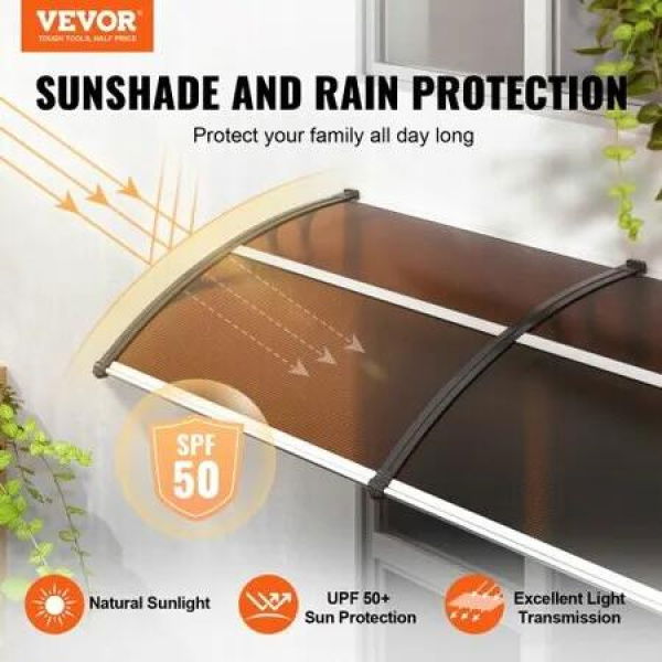 Window Door Awning Canopy 40' x 40', UPF 50+ Polycarbonate Entry Door Outdoor Window Awning Exterior, Front Door Overhang Awning for Sun Shutter, UV, Rain, Snow Protection, Hollow Sheet