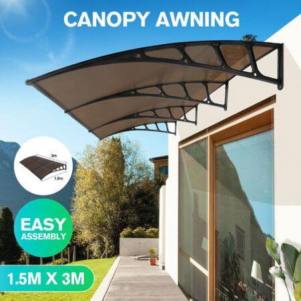 Window Door Awning Outdoor Patio Canopy Deck Balcony Porch House Cover Sun Shade Rain Snow UV Shield Polycarbonate Brown 1.5x3m.