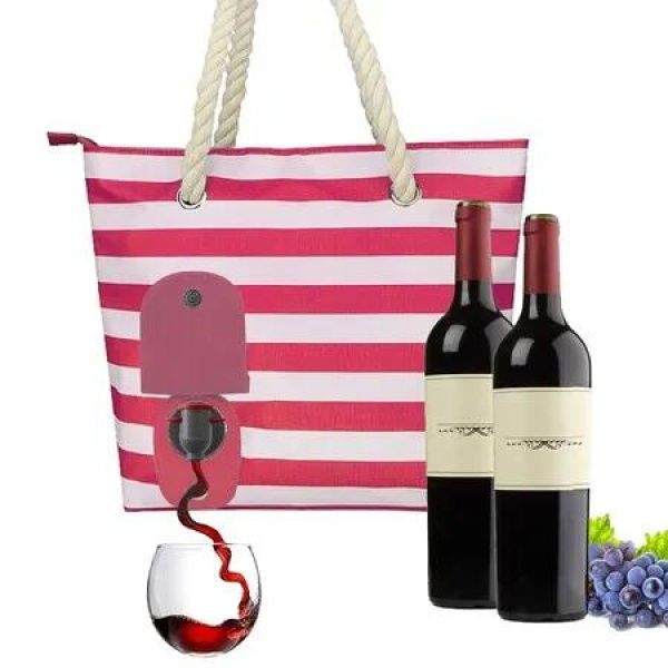 Wine Tote,Fashionable Bag for Woman,Beach Wine Purse with Hidden Insulated Compartment,Holds 2 Bottles of Wine for Travel,Wine Tasting,Party,Great Gift for Wine Lover,Stripe (Red)