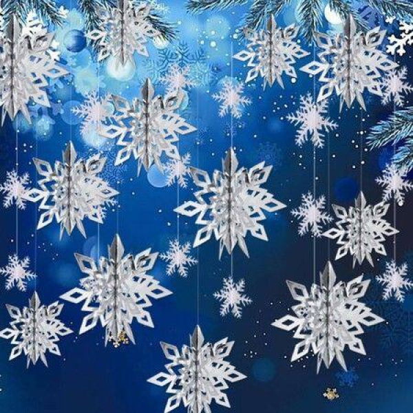 Winter Christmas Hanging Snowflake Decorations,12PCS 3D Large Silver Snowflakes & 12PCS White Paper Snowflakes Hanging Garland for Christmas Winter Wonderland Holiday New Year Party Home