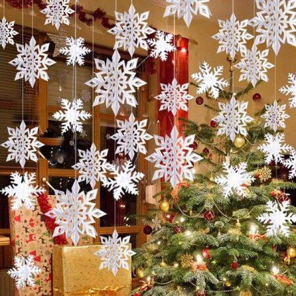 Winter Christmas Hanging Snowflake Decorations,12PCS Snowflakes Garland & 12PCS 3D Glittery Large White Snowflake for Christmas Winter Wonderland Holiday New Year Party Home Decorations