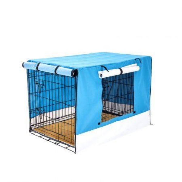 Wire Dog Cage Crate 24 Inches With Tray + Cushion Mat + Blue Cover Combo.