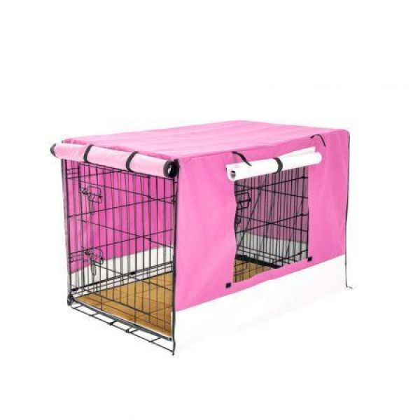 Wire Dog Cage Crate 24 Inches With Tray + Cushion Mat + PINK Cover Combo.