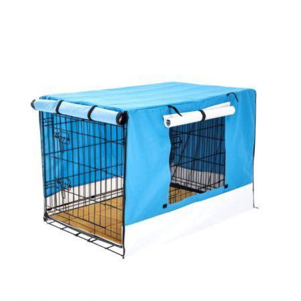 Wire Dog Cage Crate 30 Inches With Tray + Cushion Mat + Blue Cover Combo.