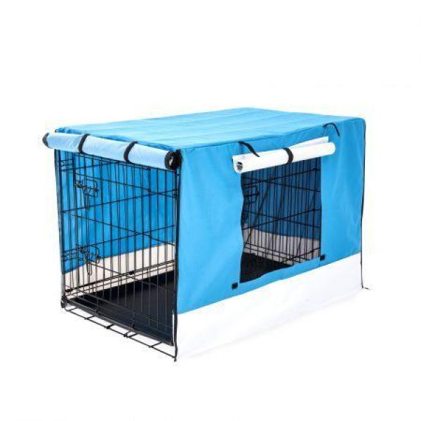 Wire Dog Cage Foldable Crate Kennel 24 Inches With Tray + Blue Cover Combo.