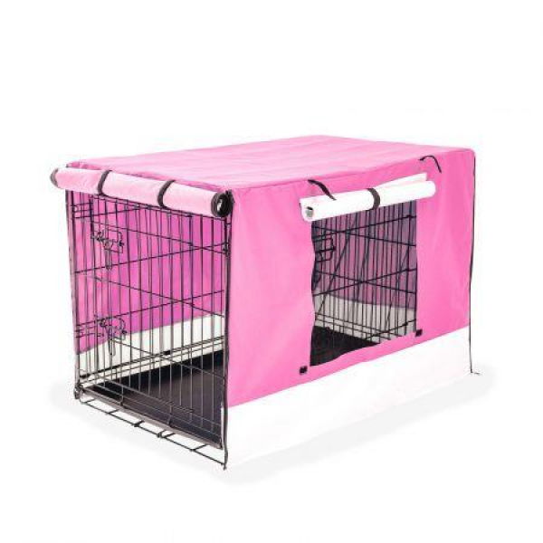 Wire Dog Cage Foldable Crate Kennel 30 Inches With Tray + PINK Cover Combo.