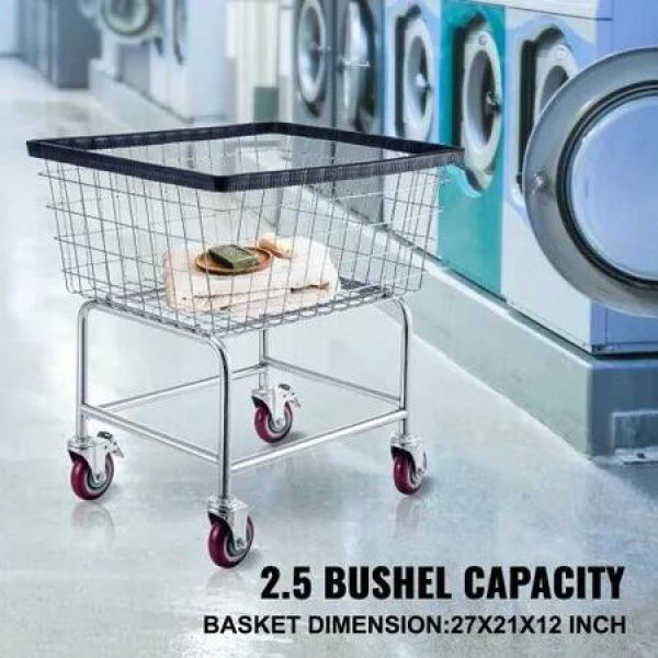 Wire Laundry Cart 2.5 Bushel Wire Laundry Basket with Wheels 21''x27''x27.5'' Commercial Wire Laundry Basket Cart Steel Frame with Chrome Finish 4inch