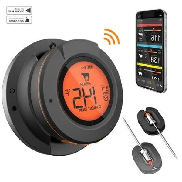 Wireless Bluetooth Meat Thermometer for Grilling and Smoking: Monitor Meat Temperature Remotely with Dual Probes, Pre-Set Temperatures, and Long Battery Life