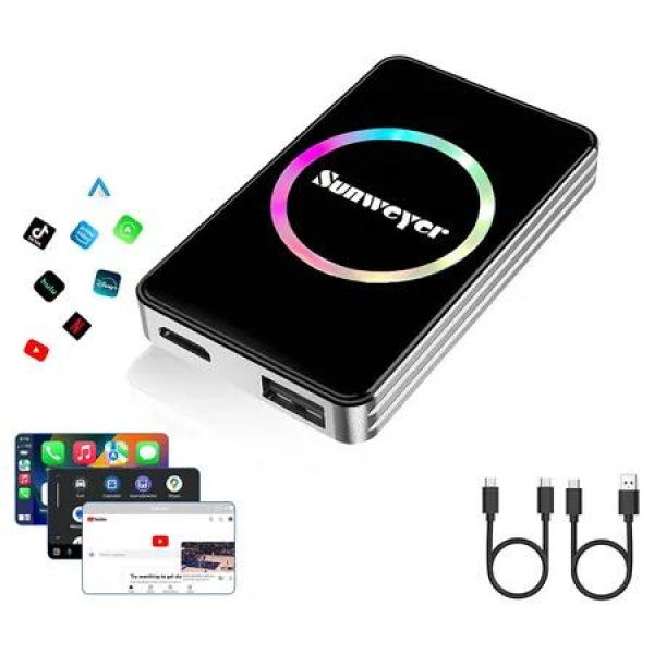Wireless CarPlay Adapter Car Streaming Device Ai Box Support Netflix, YouTube, Hulu, Disney, Android Auto Wireless Adapter with LED Ambient Light
