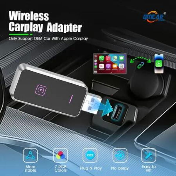 Wireless Carplay Adapter for iOS 10.0+,LED Ambient Light USB Car Play,Wired to Wireless Carplay,Plug & Play,Online Update