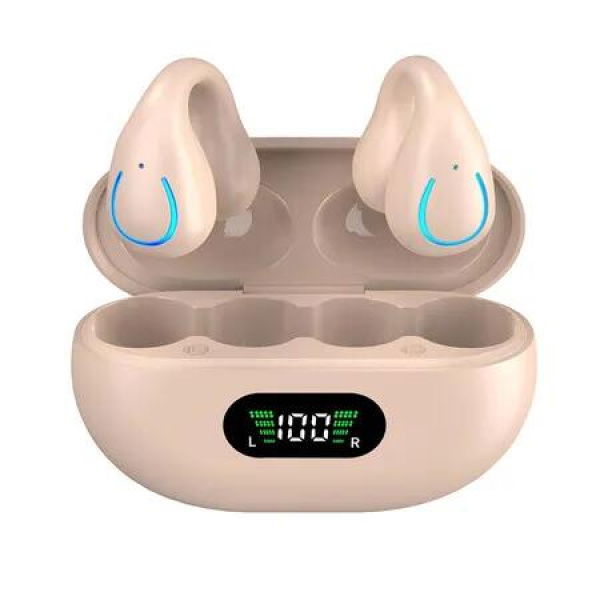 Wireless Clip On Earbuds with Digital Display Charging Case, Bluetooth 5.3 Sport Earphones Built-in Mic IPX7 Waterproof for Runningï¼ˆKhaki Colorï¼‰