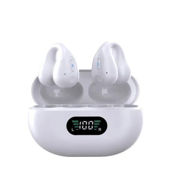 Wireless Clip On Earbuds with Digital Display Charging Case, Bluetooth 5.3 Sport Earphones Built-in Mic IPX7 Waterproof for Runningï¼ˆWhiteï¼‰