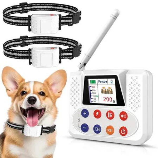 Wireless Dog Fence System, Electric Fence for Dog with Big LCD Screen, Portable Wireless Fence and Training Collar for 2 Dogs