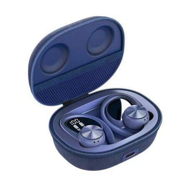 Wireless Earbud Sport Bluetooth 5.0 Headphones With Earhooks Waterproof Noise Cancelling Dual LED Display Running (Blue).