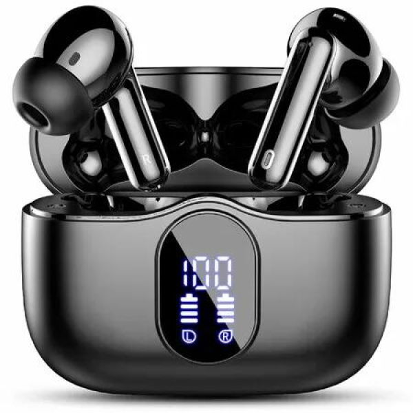 Wireless Earbuds Bluetooth 5.3 Headphones Bass Stereo Ear Buds with Noise Cancelling Mic LED Display in Ear Earphones IP7 Waterproof 36H Playtime for Laptop Pad Phones Sports Workout Black