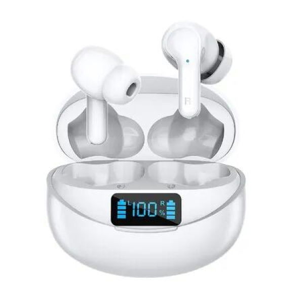 Wireless Earbuds, Bluetooth Headphones 5.3 HiFi Stereo, Wireless Earphones with ENC Noise Cancelling Mic, LED Digital Display, White