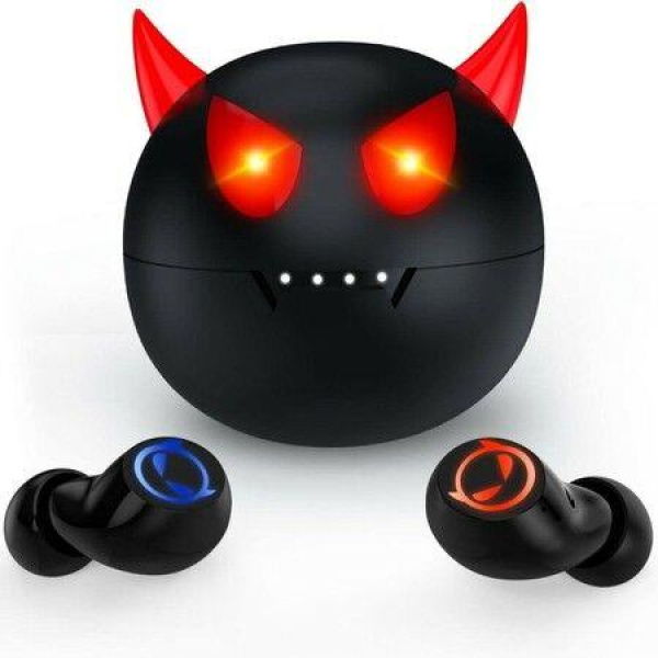 Wireless Earbuds Touch Control Headset Stereo Sound In-Ear Wireless Earpiece Bluetooth Earphones With Red Cartoon Charging Case (Devil)