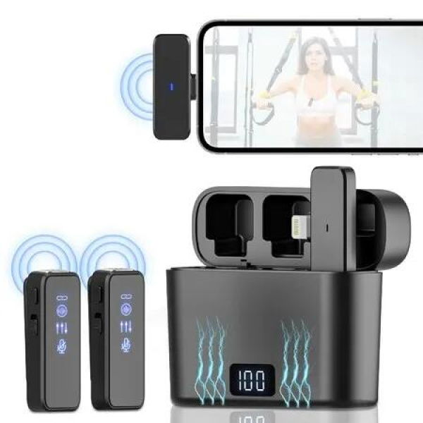 Wireless Lavalier Microphone for iPhone,3 Level Noise Reduction Plug and Play,Audio Video Recording,Auto-Sync,Mini Lapel Mic,Charging Box