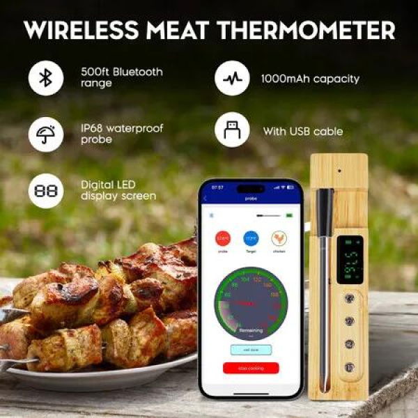 Wireless Meat Thermometer Food BBQ Oven Kitchen Cooking Bluetooth Digital Smart Smoker Steak Grilling Waterproof Temperature Probe with LED Display