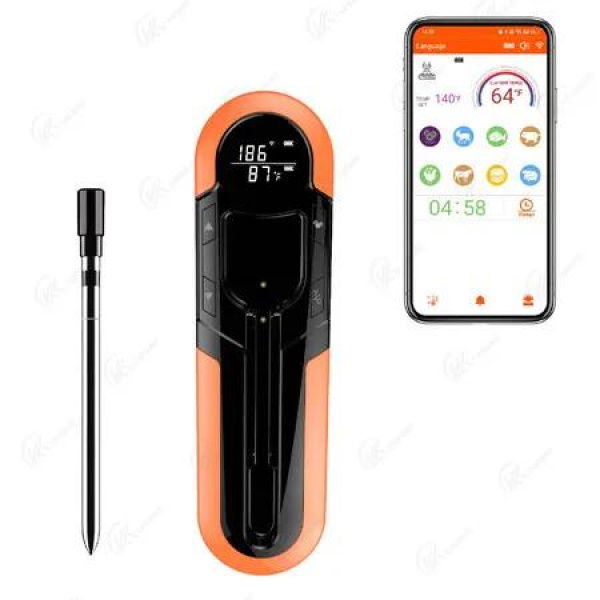 Wireless Meat Thermometer for Oven, Rechargeable Bluetooth Meat Thermometer Digital Wireless with Smart App for Grilling, Smoking, BBQ, Rotisserie, Kitchen (Orange)