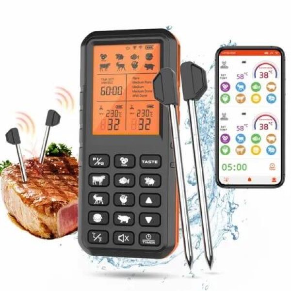 Wireless Meat Thermometer with Bluetooth Ideal for BBQ,Oven,Grill,Kitchen,Smoker,and Rotisserie Cooking-Digital Display,Instant-Read