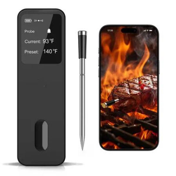 Wireless Meat Thermometer with LCD Booster Bluetooth Food Cooking Thermometer with Smart App Waterproof Resistant Probe for BBQ Oven Grill and Smoker
