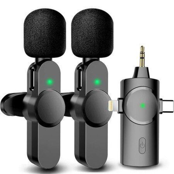 Wireless Microphone For IPhone Android Camera - Mini Lapel Microphone Phone Mic For Recording Vlogging Live Streaming - Plug And Play (3 In 1 Gray Mic)