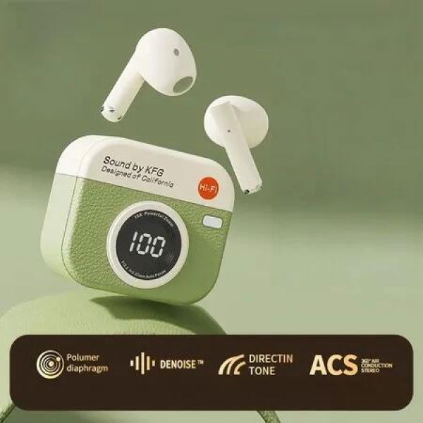 Wireless Noise Cancelling Bluetooth Retro Camera Case Earpods 8 Core 5.4 Chip 1888H Standby HD Sound ACS360 Sound Gaming Music Christmas Gift Col.Green
