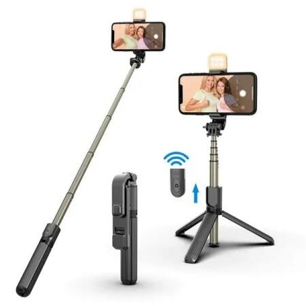 Wireless Remote Selfie Stick Tripod with Fill Light: Aluminum Alloy Stand with Phone Holder, and Selfie Light for Live Streaming, Makeup, and YouTube Videos (iOS/Android Compatible)