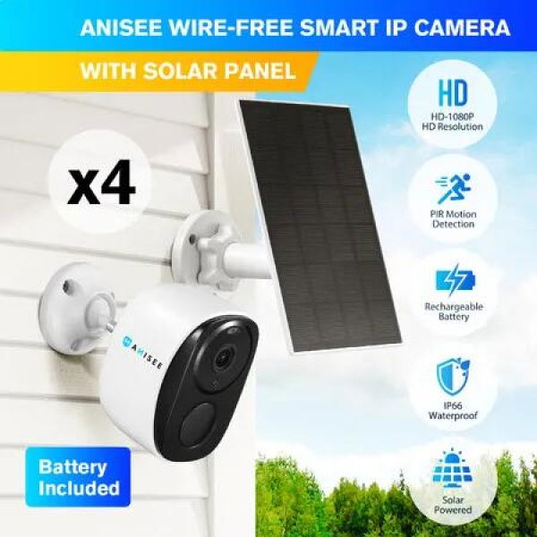 Wireless Security Camera*4 Home CCTV House Indoor Outdoor WiFi Surveillance System Waterproof with Solar Panel Battery